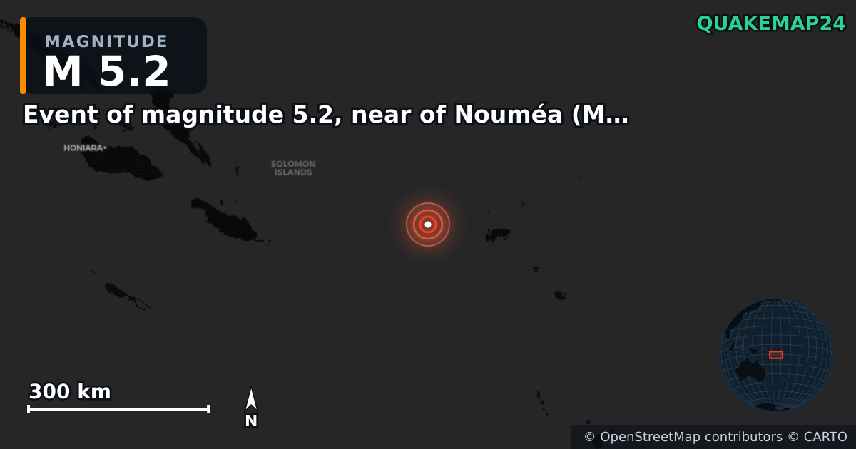 M5.2 earthquake near Event of magnitude 5.2, near of Nouméa (Monde) on Sep 12, 2025 — map of epicenter and shaking intensity | QuakeMap24