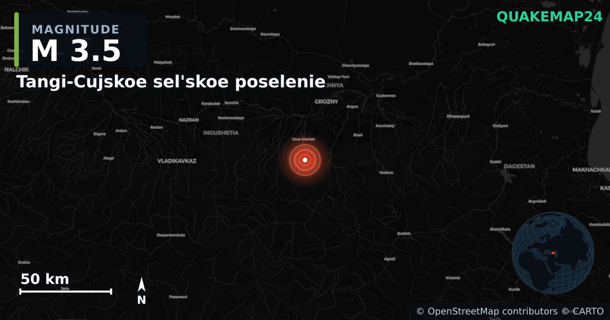 M3.5 earthquake near Tangi-Cujskoe sel'skoe poselenie on Apr 10, 2026 — map of epicenter and shaking intensity | QuakeMap24