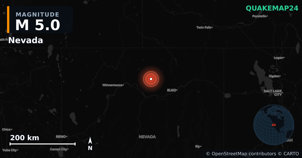 M5.0 earthquake near Nevada on Aug 30, 2025 — map of epicenter and shaking intensity | QuakeMap24