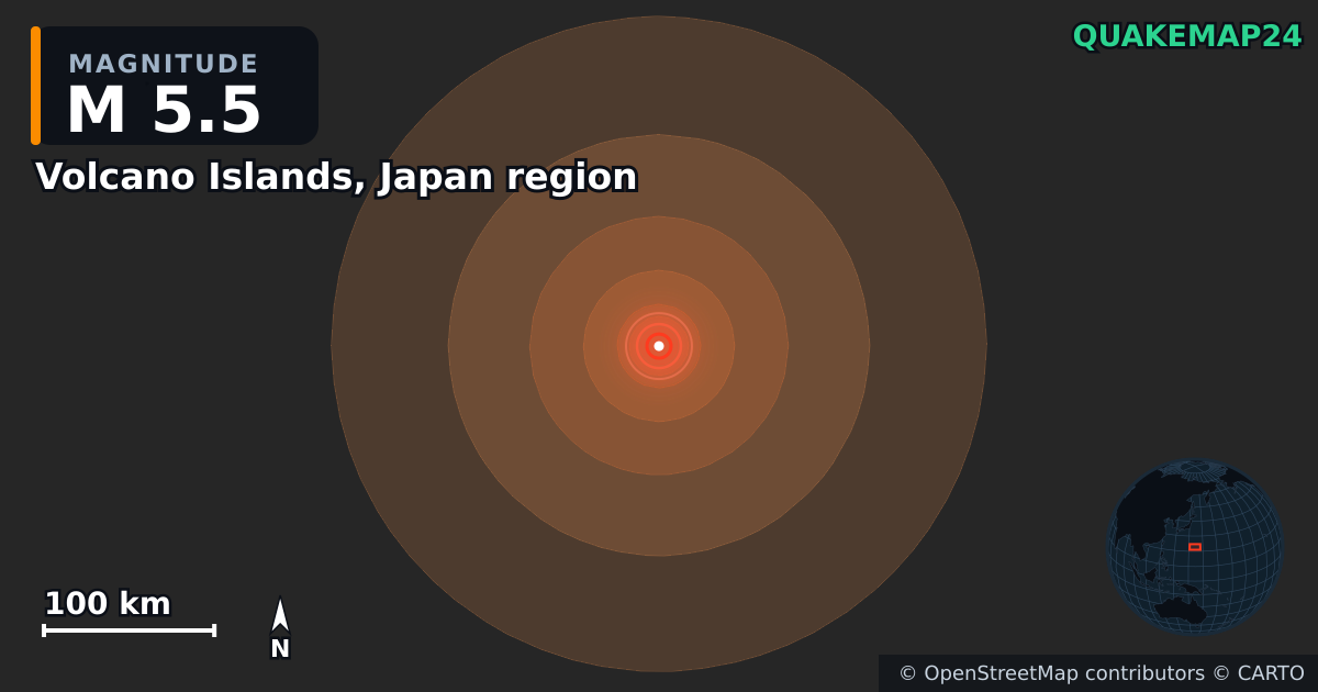 Erdbeben M5,5 bei Volcano Islands, Japan region — Karte der Lage des Epizentrums