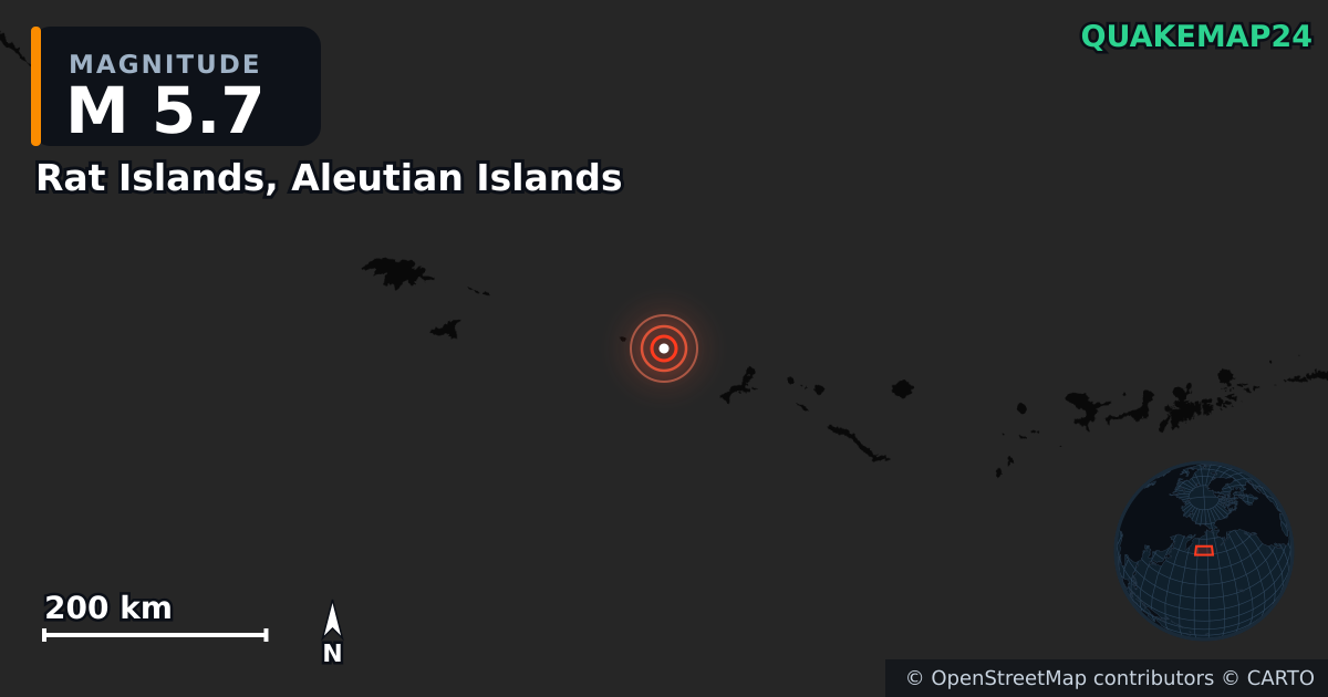 M5.7 earthquake near Rat Islands, Aleutian Islands on Mar 6, 2026 — map of epicenter and shaking intensity | QuakeMap24