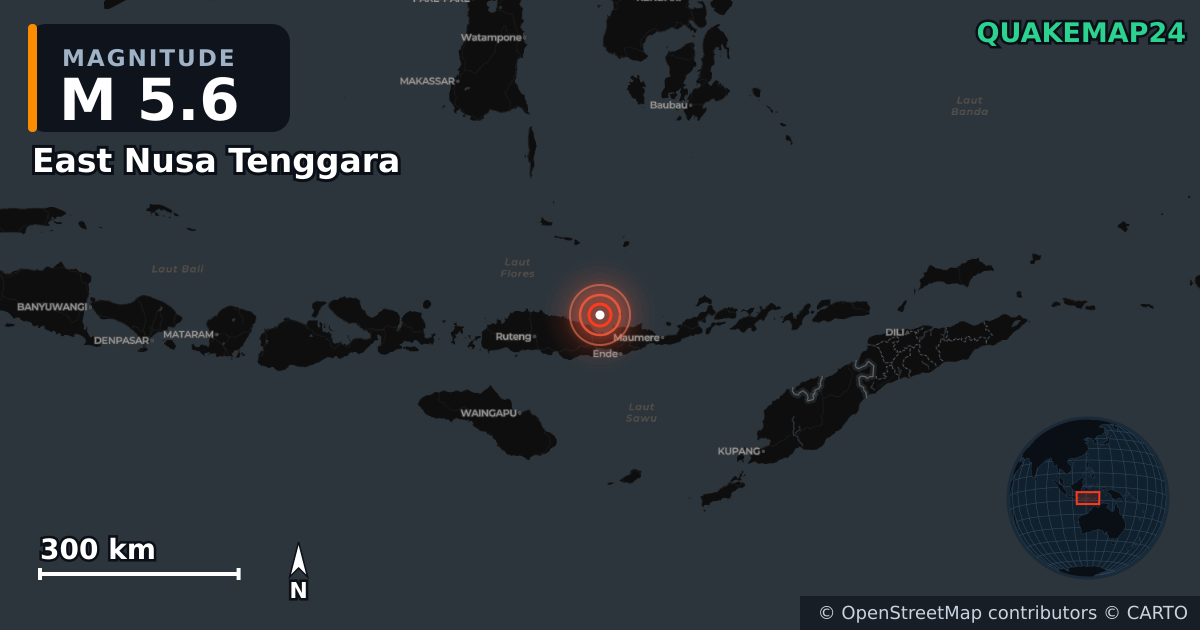 Sismo de M5,6 perto de East Nusa Tenggara (Indonésia) · 2026-08-14 — Mapa da localização do epicentro