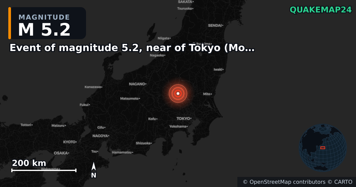 M5.2 earthquake near Event of magnitude 5.2, near of Tokyo (Monde) on Mar 15, 2026 — map of epicenter and shaking intensity | QuakeMap24