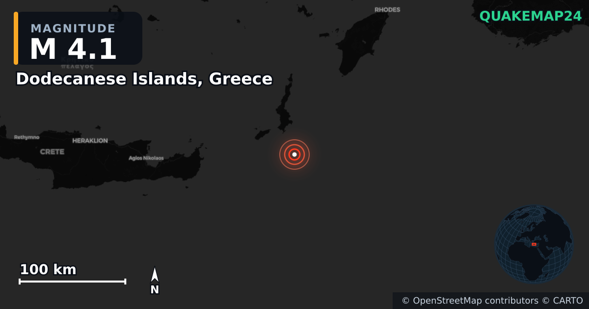 M4.1 earthquake near Dodecanese Islands, Greece on Jul 5, 2026 — map of epicenter and shaking intensity | QuakeMap24