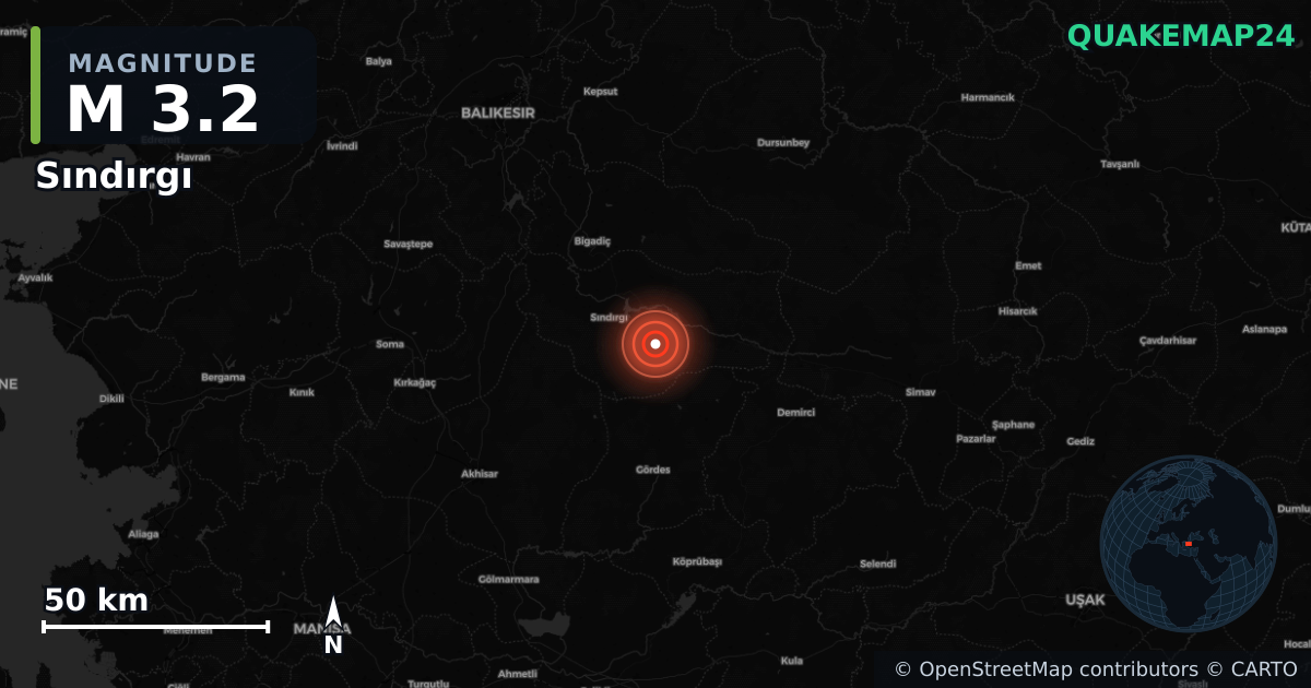 M3.2 earthquake near Sındırgı on Nov 2, 2025 — map of epicenter and shaking intensity | QuakeMap24