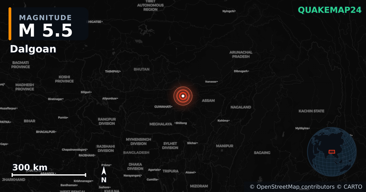 M5.5 earthquake near Dalgoan on Sep 14, 2025 — map of epicenter and shaking intensity | QuakeMap24