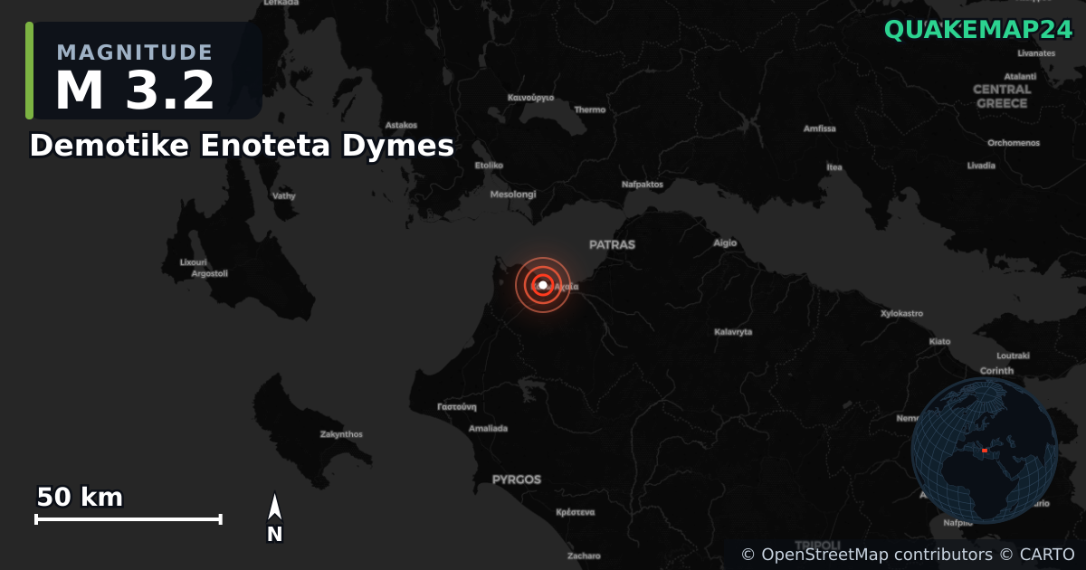 M3.2 earthquake near Demotike Enoteta Dymes on Feb 27, 2026 — map of epicenter and shaking intensity | QuakeMap24