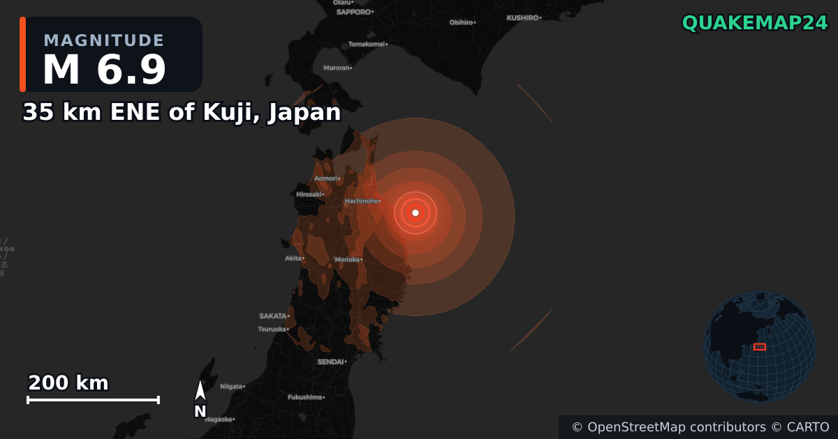 M6.9 earthquake near 35 km ENE of Kuji, Japan on Jun 24, 2026 — map of epicenter and shaking intensity | QuakeMap24