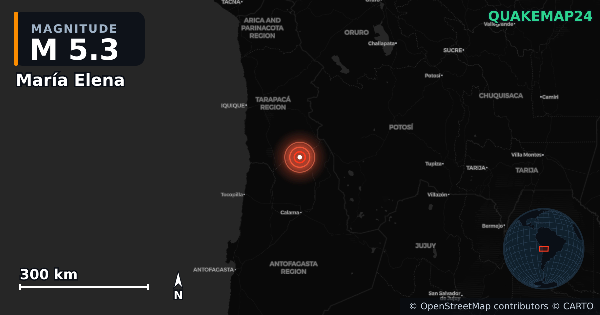 M5.3 earthquake near María Elena on Jan 13, 2026 — map of epicenter and shaking intensity | QuakeMap24