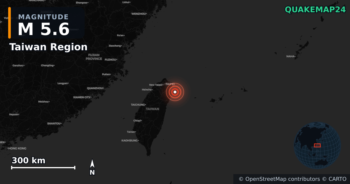 M5.6 earthquake near Taiwan Region on May 1, 2026 — map of epicenter and shaking intensity | QuakeMap24