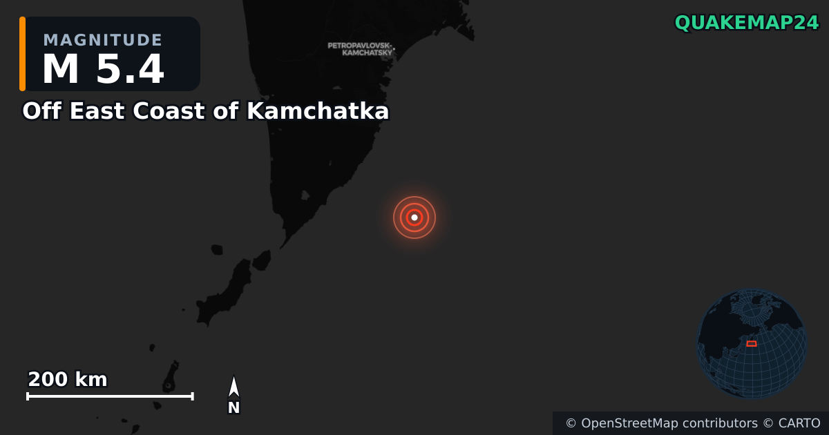 M5.4 earthquake near Off East Coast of Kamchatka on Jul 30, 2025 — map of epicenter and shaking intensity | QuakeMap24