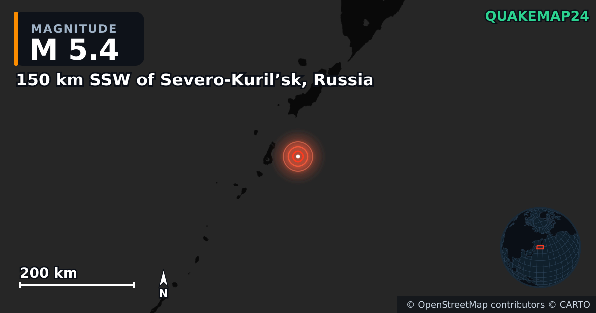 M5.4 earthquake near 150 km SSW of Severo-Kuril’sk, Russia on Apr 7, 2025 — map of epicenter and shaking intensity | QuakeMap24