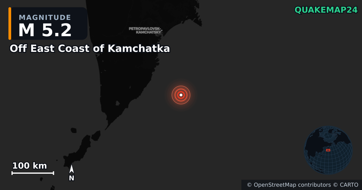 M5.2 earthquake near Off East Coast of Kamchatka on Jul 30, 2025 — map of epicenter and shaking intensity | QuakeMap24