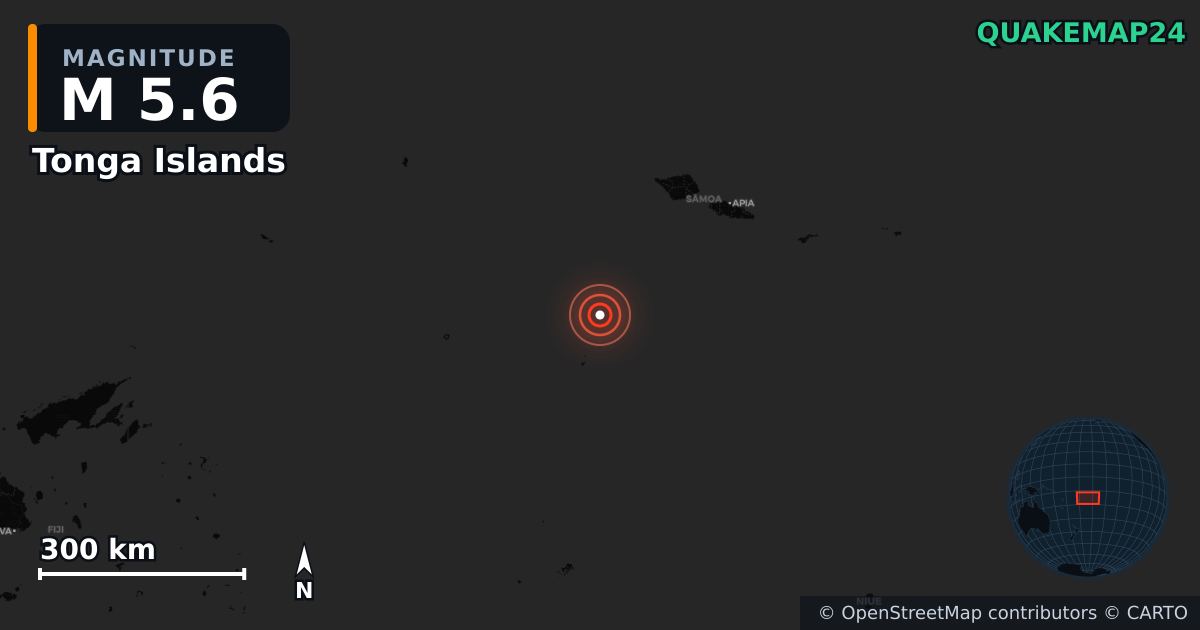 M5.6 earthquake near Tonga Islands on Mar 22, 2026 — map of epicenter and shaking intensity | QuakeMap24