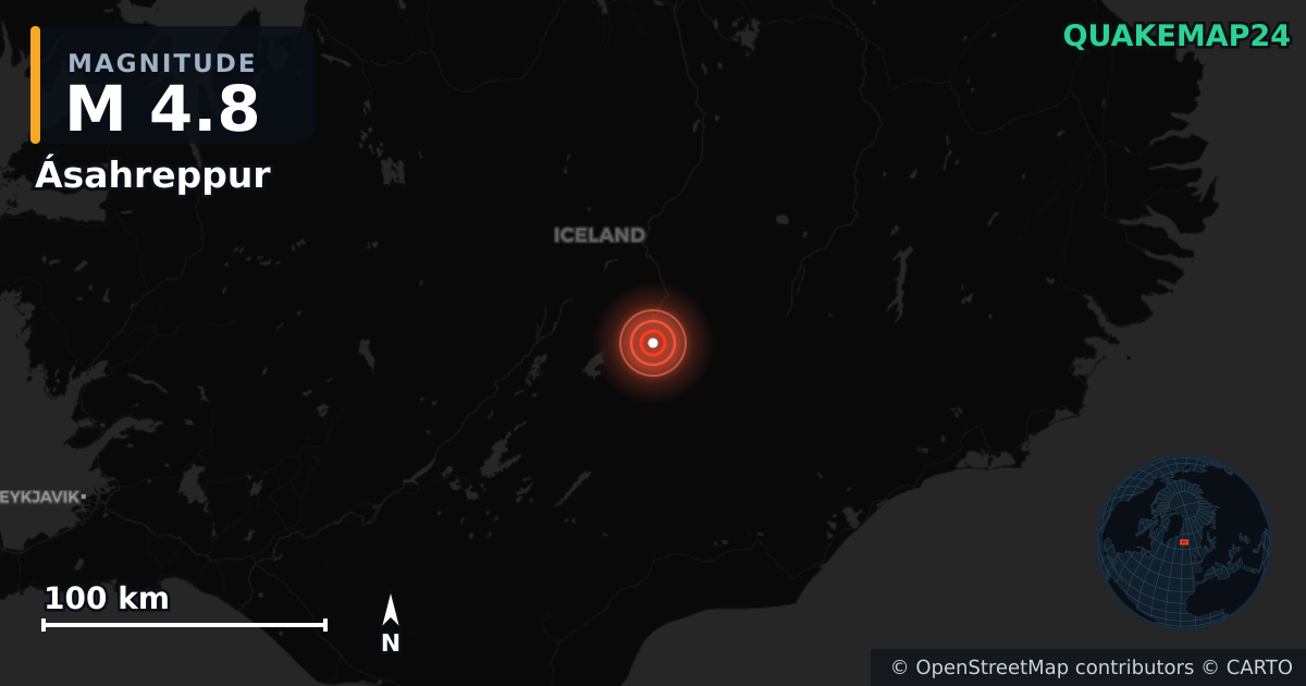 M4.8 earthquake near Ásahreppur on Jun 13, 2026 — map of epicenter and shaking intensity | QuakeMap24