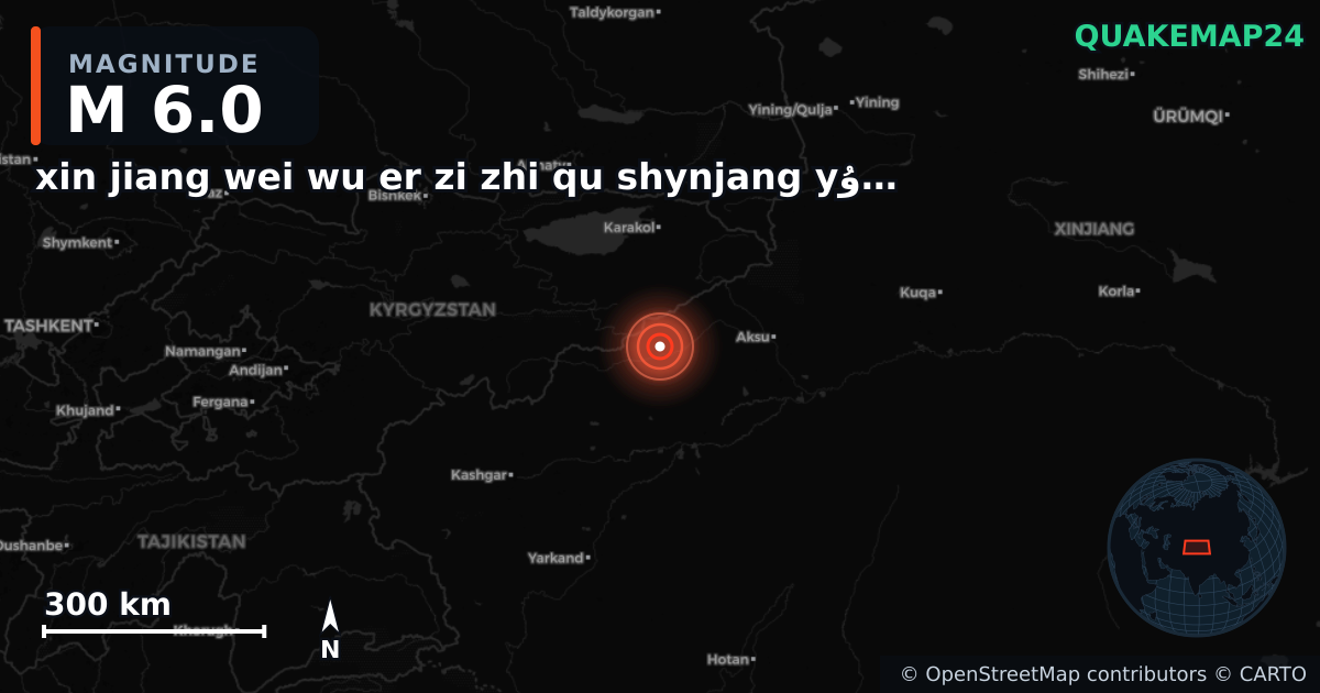 M6.0 earthquake near xin jiang wei wu er zi zhi qu shynjang yۇyghۇr yaptwnwm raywny on Dec 4, 2025 — map of epicenter and shaking intensity | QuakeMap24