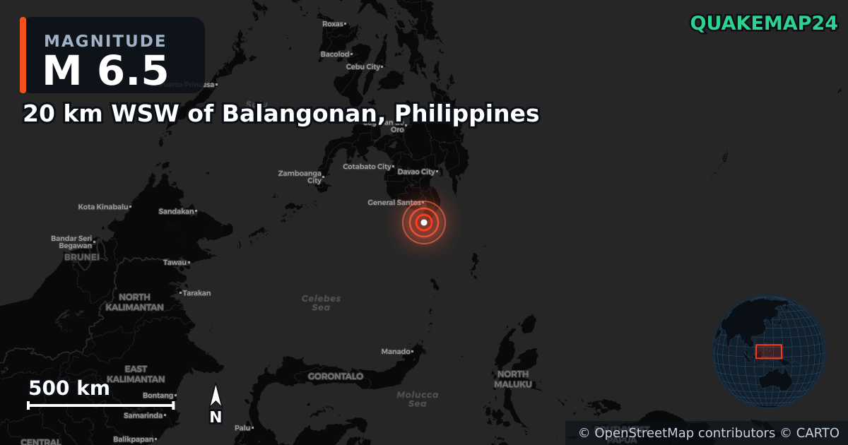 M6.5 earthquake near 20 km WSW of Balangonan, Philippines on Jun 8, 2026 — map of epicenter and shaking intensity | QuakeMap24