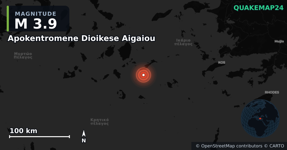 M3.9 earthquake near Apokentromene Dioikese Aigaiou on May 4, 2025 — map of epicenter and shaking intensity | QuakeMap24