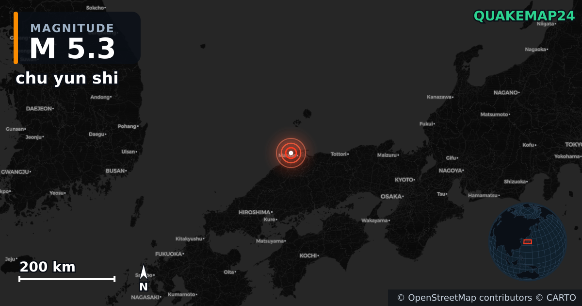 M5.3 earthquake near chu yun shi on Jan 6, 2026 — map of epicenter and shaking intensity | QuakeMap24