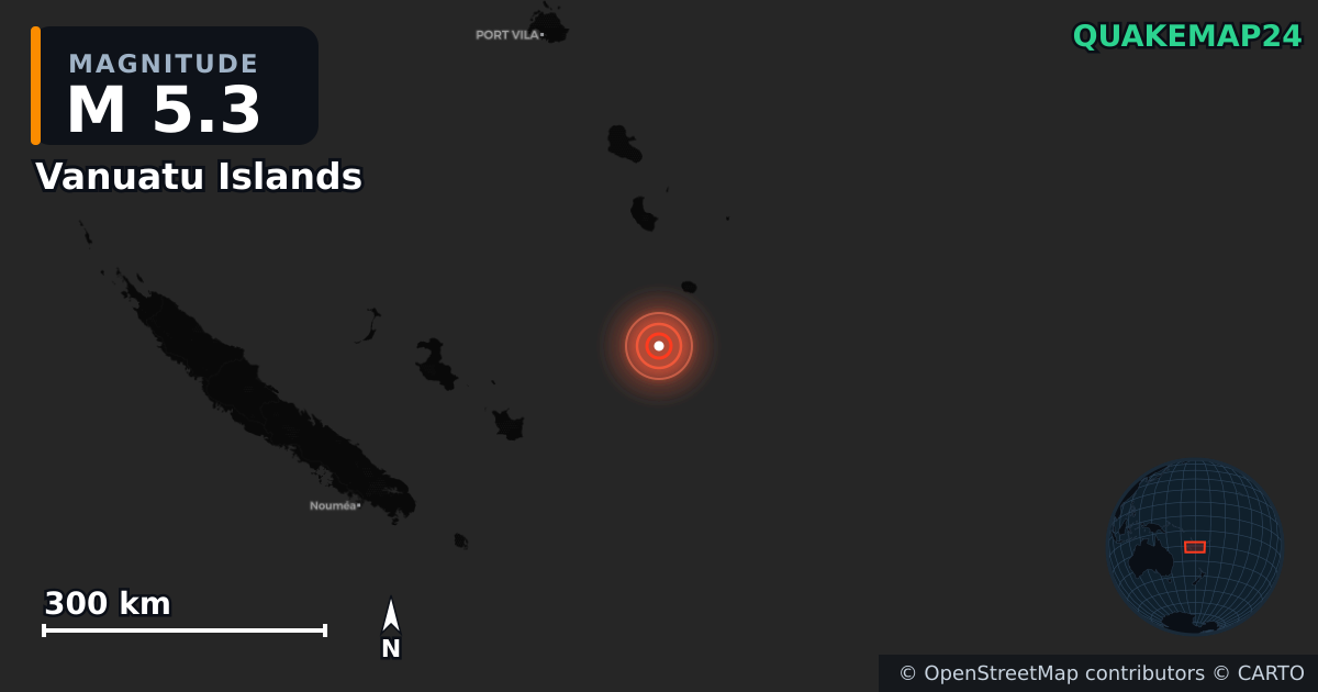 M5.3 earthquake near Vanuatu Islands on Jun 11, 2025 — map of epicenter and shaking intensity | QuakeMap24