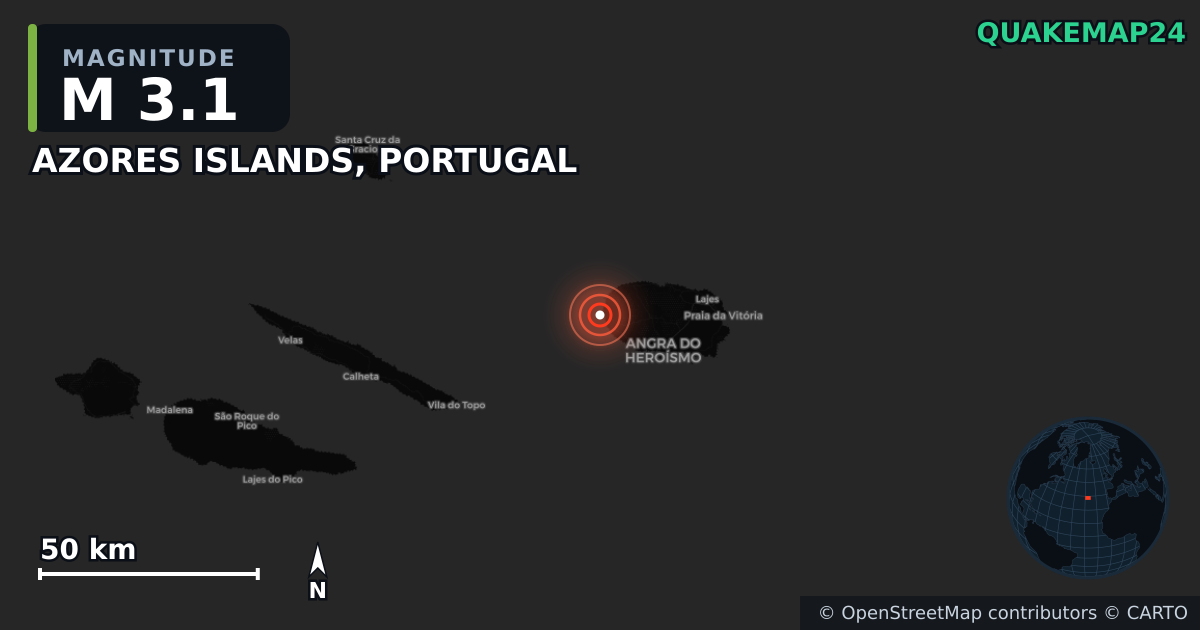 M3.1 earthquake near AZORES ISLANDS, PORTUGAL on Jun 26, 2025 — map of epicenter and shaking intensity | QuakeMap24