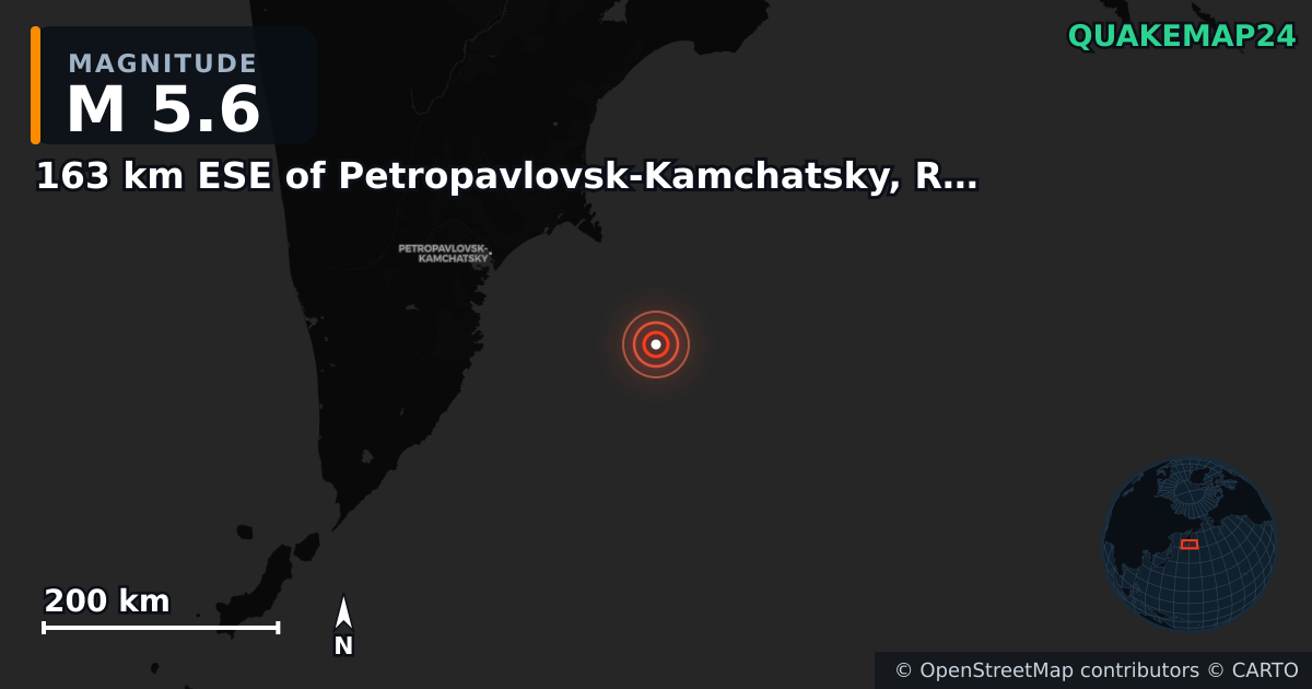M5.6 earthquake near 163 km ESE of Petropavlovsk-Kamchatsky, Russia on Sep 18, 2025 — map of epicenter and shaking intensity | QuakeMap24