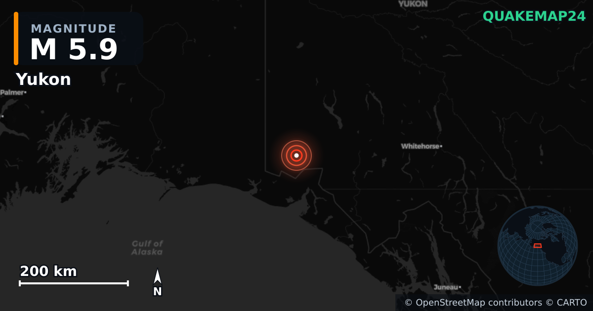 M5.9 earthquake near Yukon on Jan 1, 2026 — map of epicenter and shaking intensity | QuakeMap24