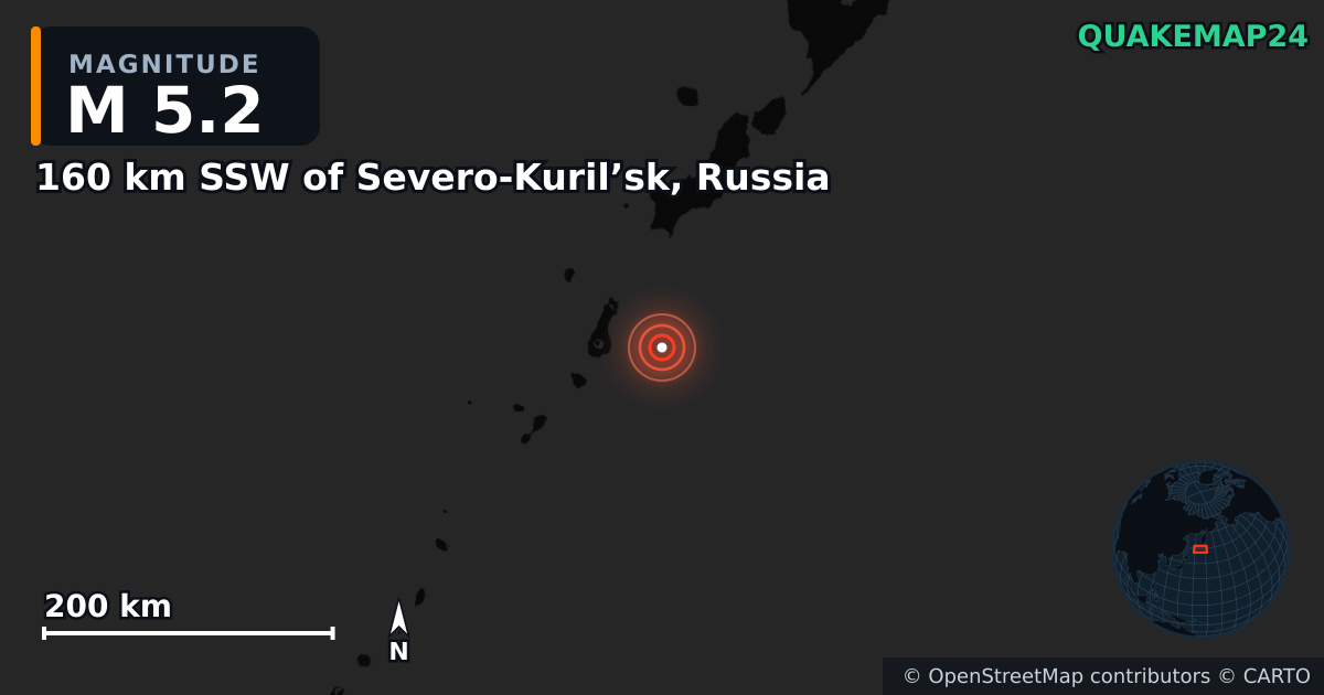 M5.2 earthquake near 160 km SSW of Severo-Kuril’sk, Russia on Aug 1, 2026 — map of epicenter and shaking intensity | QuakeMap24