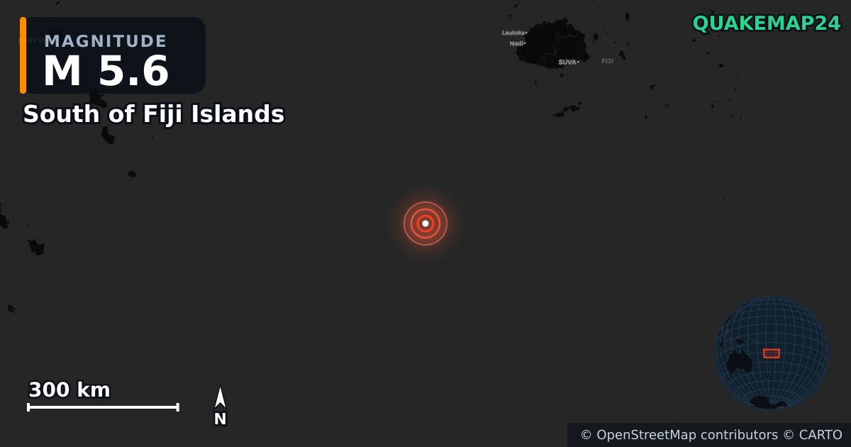 M5.6 Earthquake near South of Fiji Islands · 2025-10-06 — Map showing the location of the epicenter