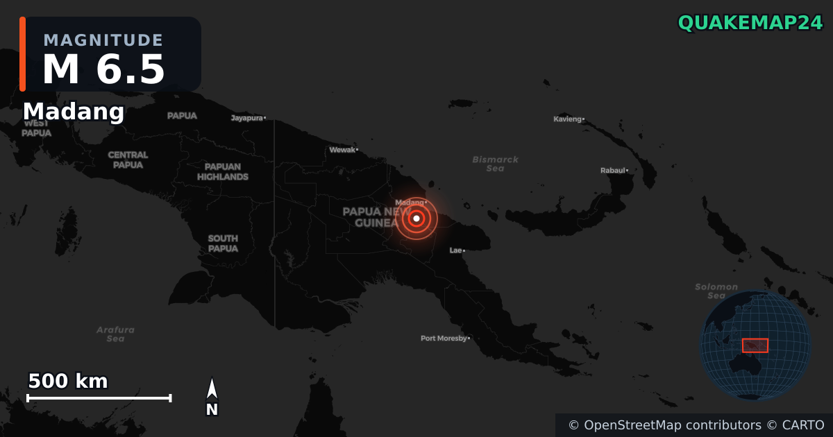 M6.5 earthquake near Madang on Dec 22, 2025 — map of epicenter and shaking intensity | QuakeMap24