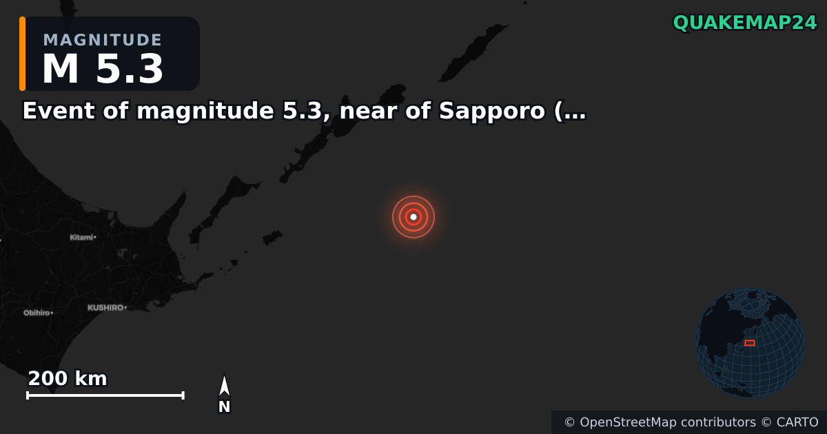 M5.3 earthquake near Event of magnitude 5.3, near of Sapporo (Monde) on Feb 12, 2026 — map of epicenter and shaking intensity | QuakeMap24