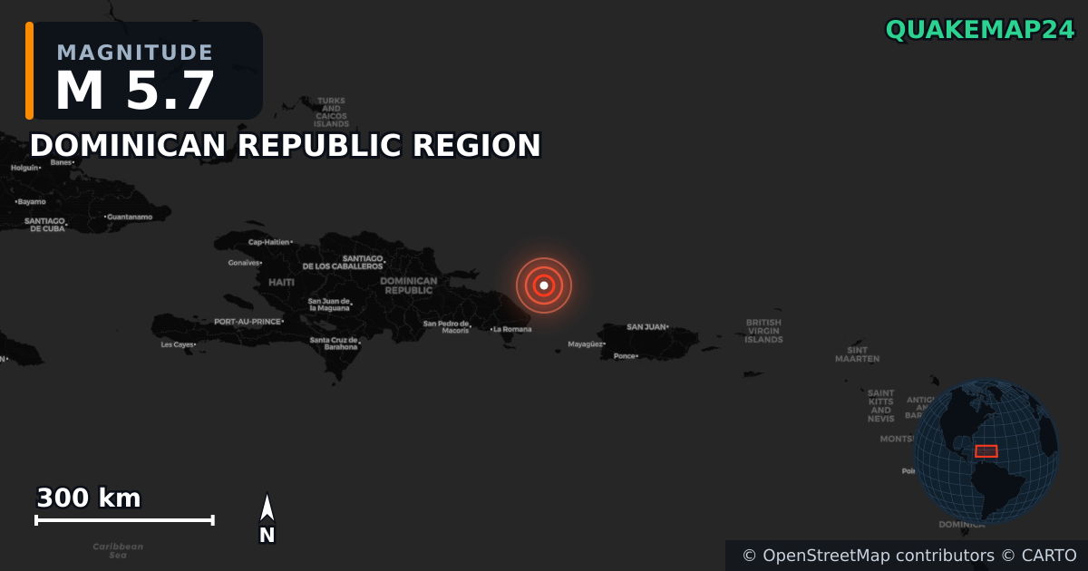 M5.7 earthquake near DOMINICAN REPUBLIC REGION on Jun 24, 2025 — map of epicenter and shaking intensity | QuakeMap24