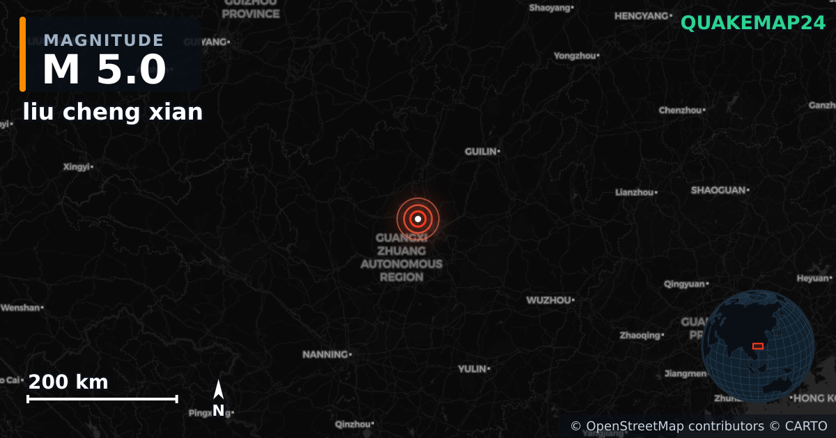 M5.0 earthquake near liu cheng xian on May 17, 2026 — map of epicenter and shaking intensity | QuakeMap24