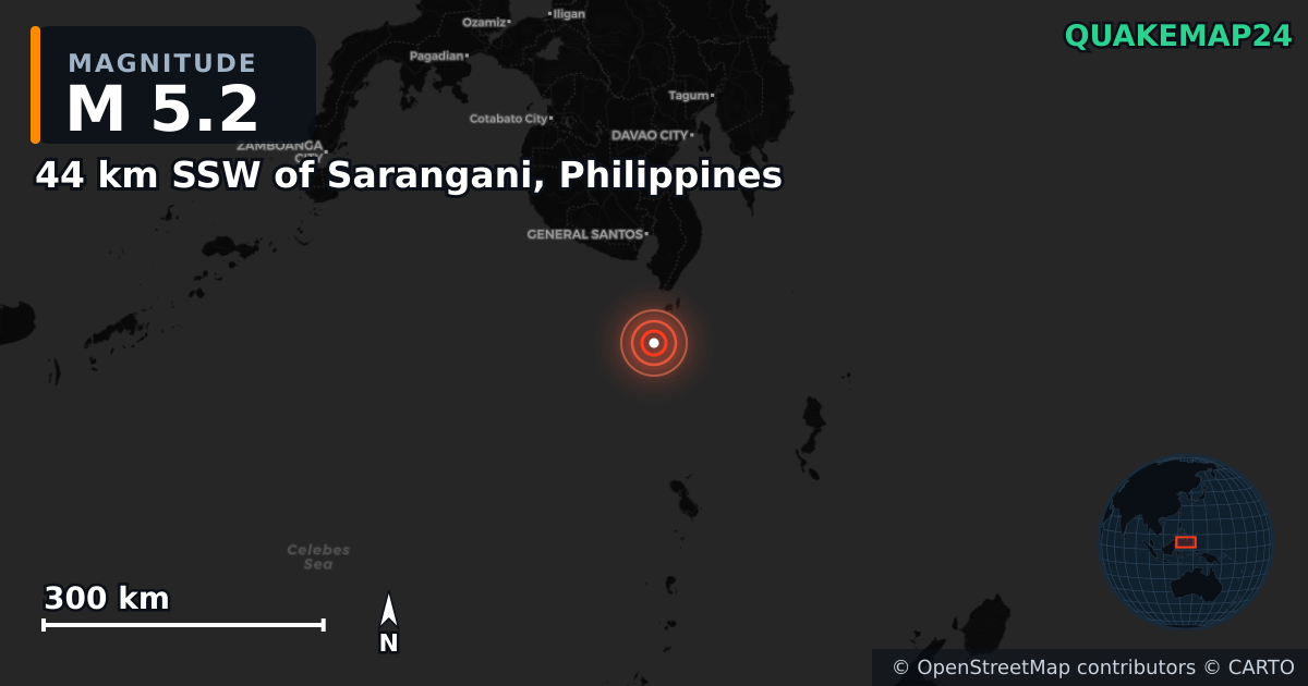 M5.2 earthquake near 44 km SSW of Sarangani, Philippines on Jun 8, 2026 — map of epicenter and shaking intensity | QuakeMap24