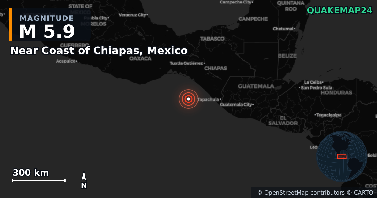 M5.9 earthquake near Near Coast of Chiapas, Mexico on Jun 18, 2025 — map of epicenter and shaking intensity | QuakeMap24