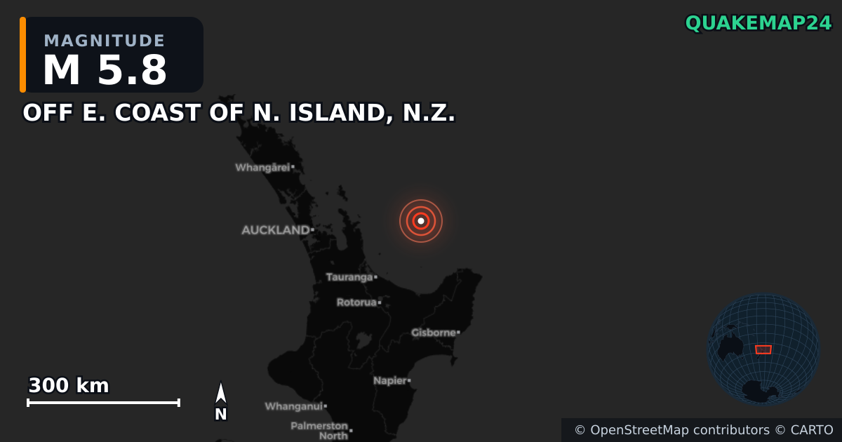 M5.8 earthquake near OFF E. COAST OF N. ISLAND, N.Z. on May 5, 2026 — map of epicenter and shaking intensity | QuakeMap24