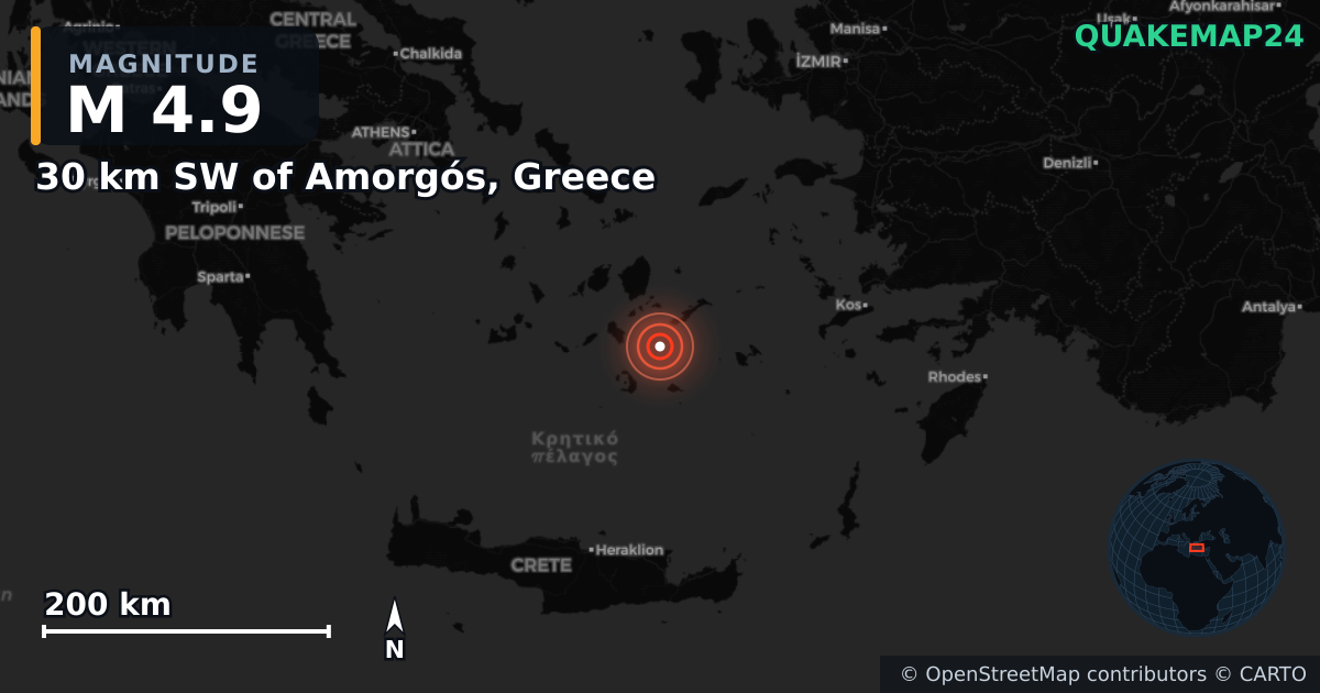 M4.9 earthquake near 30 km SW of Amorgós, Greece on Feb 3, 2025 — map of epicenter and shaking intensity | QuakeMap24