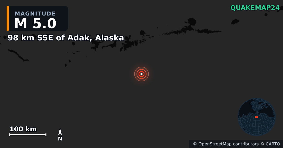 M5.0 earthquake near 98 km SSE of Adak, Alaska on Mar 19, 2025 — map of epicenter and shaking intensity | QuakeMap24