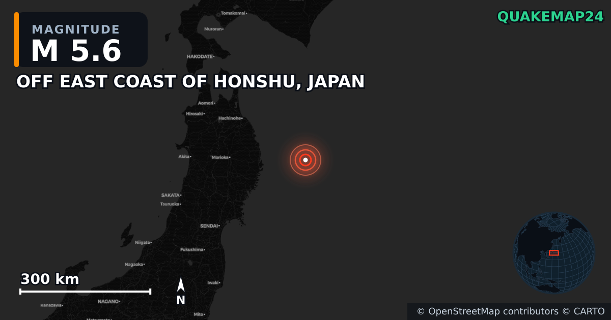 M5.6 earthquake near OFF EAST COAST OF HONSHU, JAPAN on Apr 20, 2026 — map of epicenter and shaking intensity | QuakeMap24