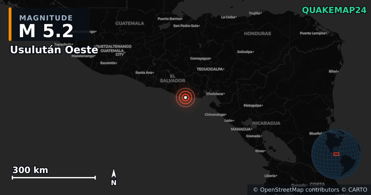 M5.2 earthquake near Usulután Oeste on Jun 18, 2025 — map of epicenter and shaking intensity | QuakeMap24