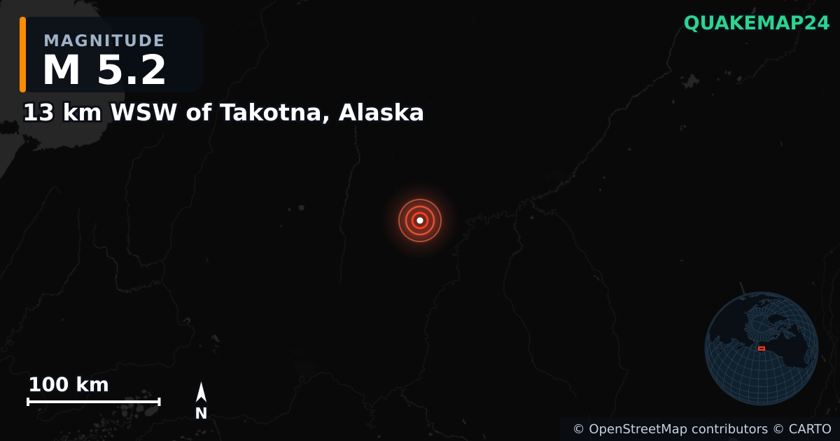 Erdbeben M5,2 bei 13 km WSW of Takotna, Alaska (Vereinigte Staaten) · 2025-01-30 — Karte der Lage des Epizentrums
