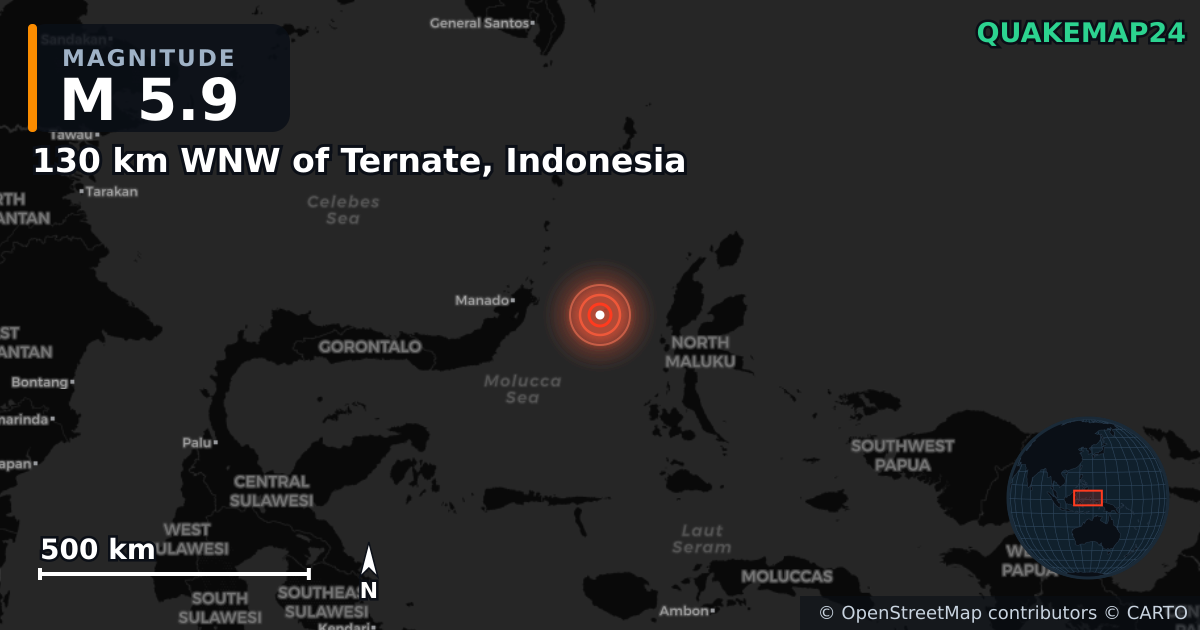 Erdbeben M5,9 bei 130 km WNW of Ternate, Indonesia — Karte der Lage des Epizentrums