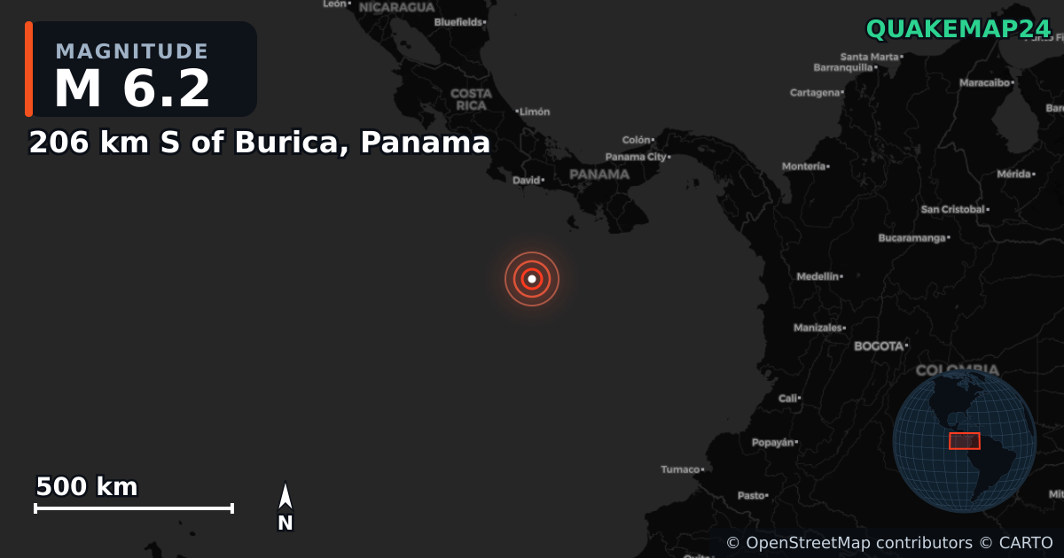M6.2 earthquake near 206 km S of Burica, Panama on Jul 14, 2025 — map of epicenter and shaking intensity | QuakeMap24