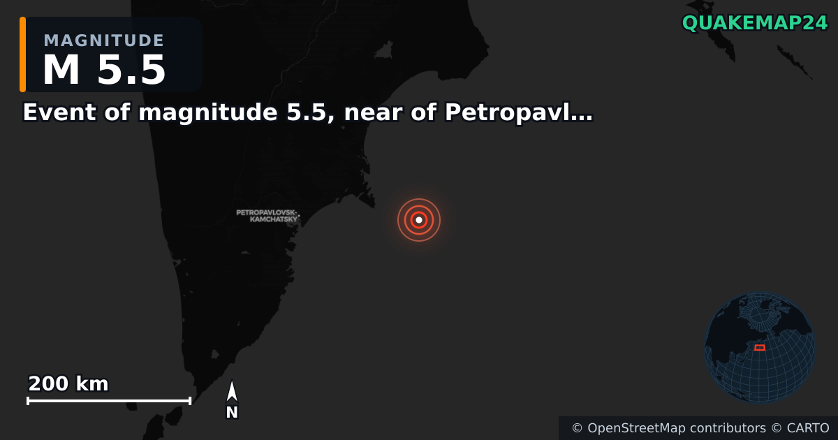 M5.5 earthquake near Event of magnitude 5.5, near of Petropavlovsk Kamchatskiy (Monde) on Sep 21, 2025 — map of epicenter and shaking intensity | QuakeMap24