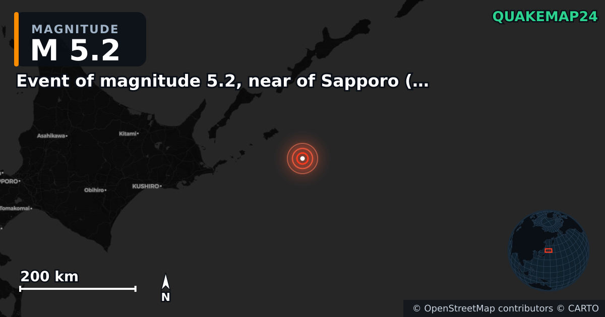 M5.2 earthquake near Event of magnitude 5.2, near of Sapporo (Monde) on Aug 20, 2025 — map of epicenter and shaking intensity | QuakeMap24