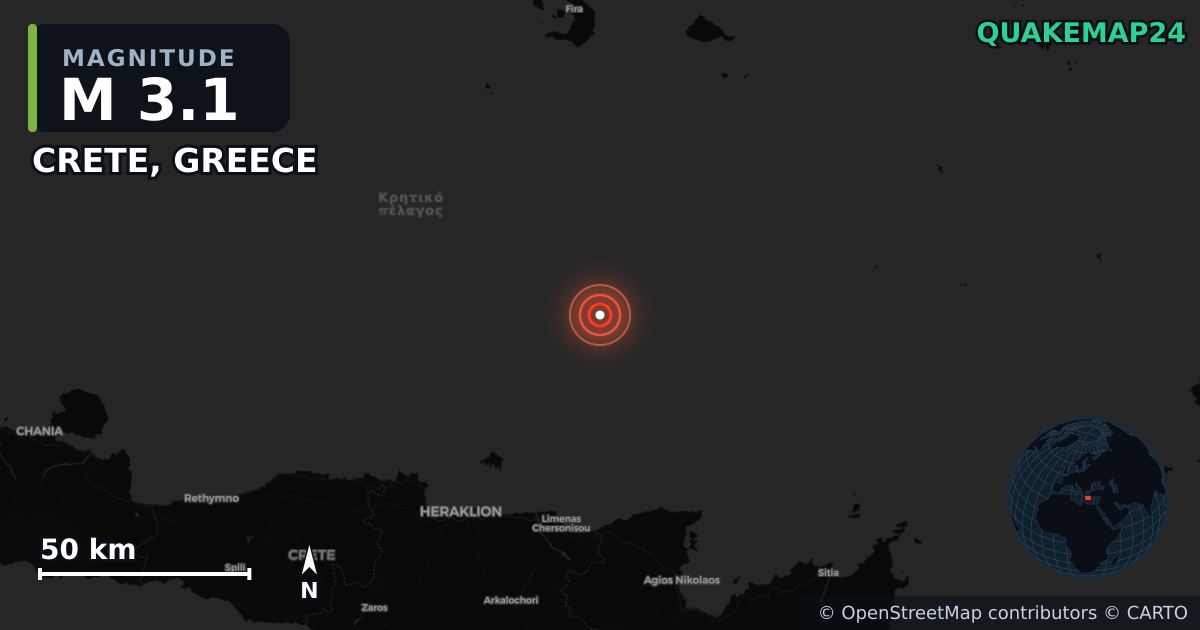 M3.1 earthquake near CRETE, GREECE on Aug 18, 2025 — map of epicenter and shaking intensity | QuakeMap24