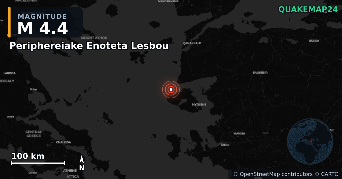 M4.4 earthquake near Periphereiake Enoteta Lesbou on Jan 6, 2026 — map of epicenter and shaking intensity | QuakeMap24