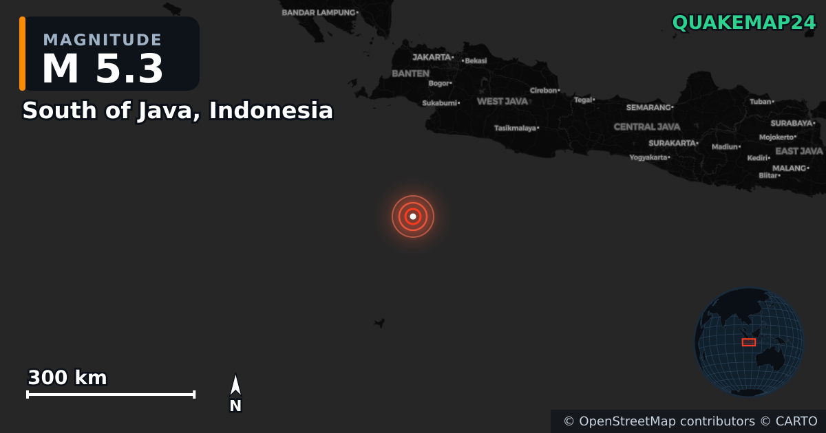 South of Java, Indonesia yakınında M5,3 deprem — Deprem merkez üssünün konumunu gösteren harita