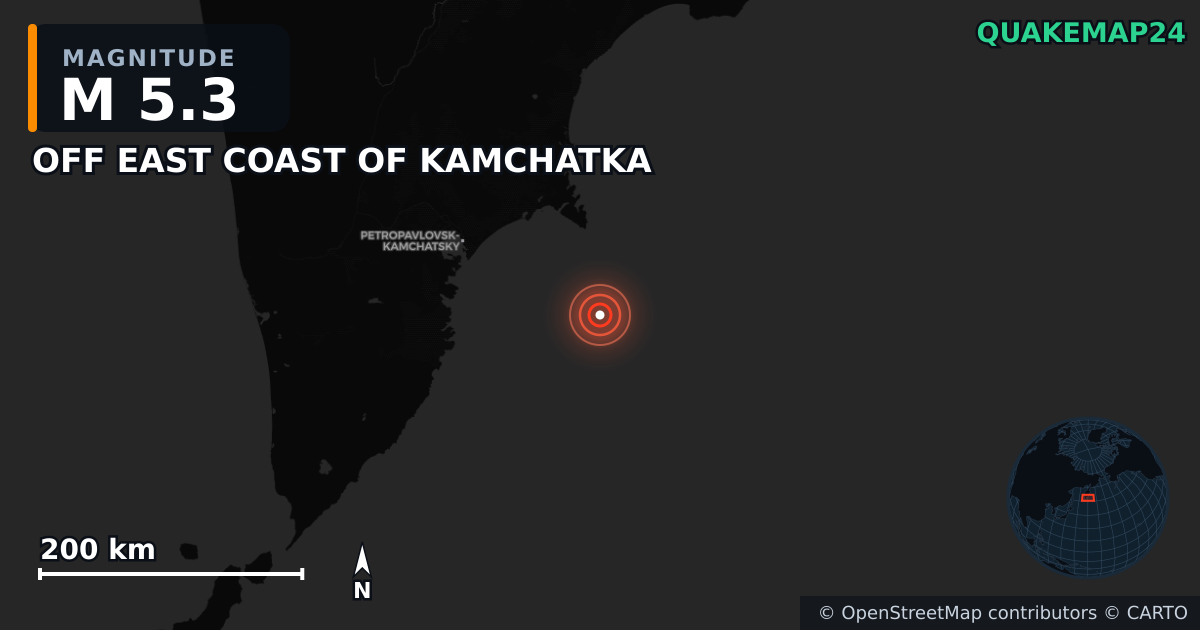 OFF EAST COAST OF KAMCHATKA yakınında M5,3 deprem — Deprem merkez üssünün konumunu gösteren harita
