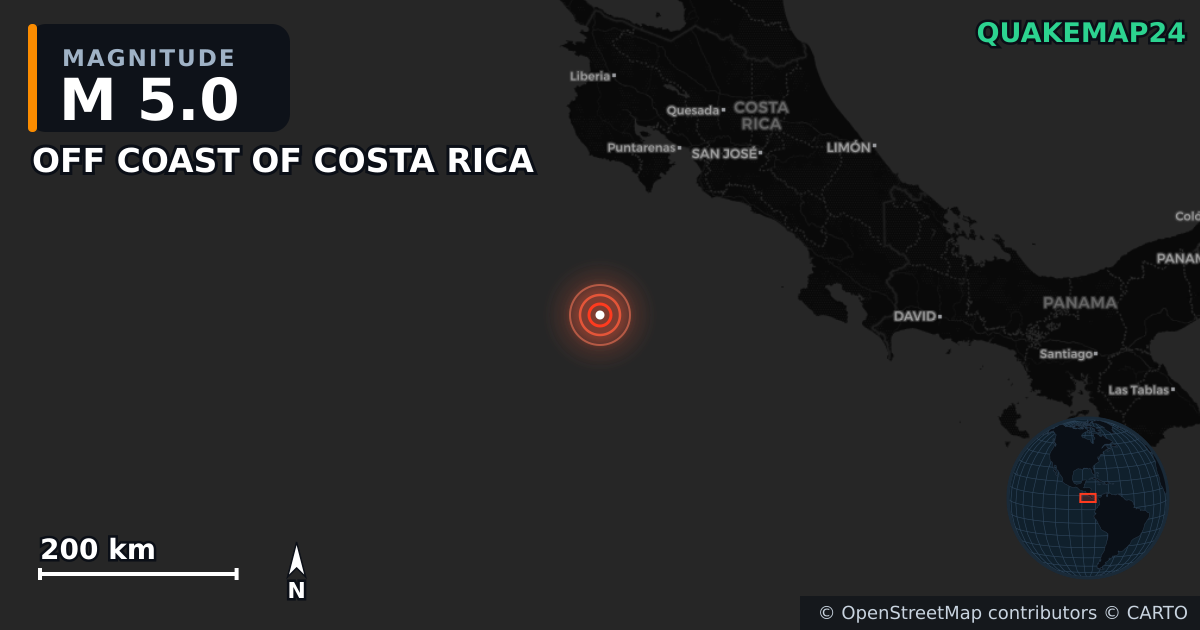 Sismo de M5,0 perto de OFF COAST OF COSTA RICA · 2026-08-10 — Mapa da localização do epicentro